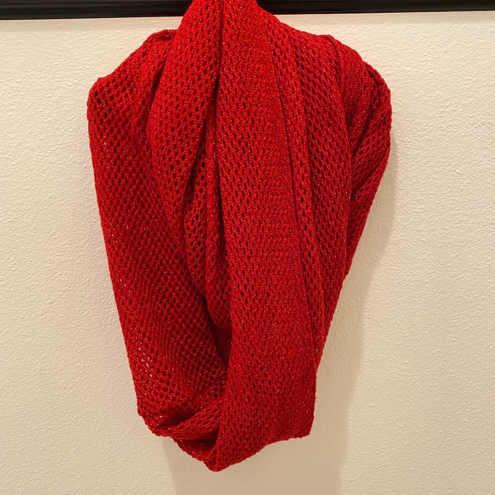 Cejon Red Metallic Open Weave Infinity Scarf - Like New